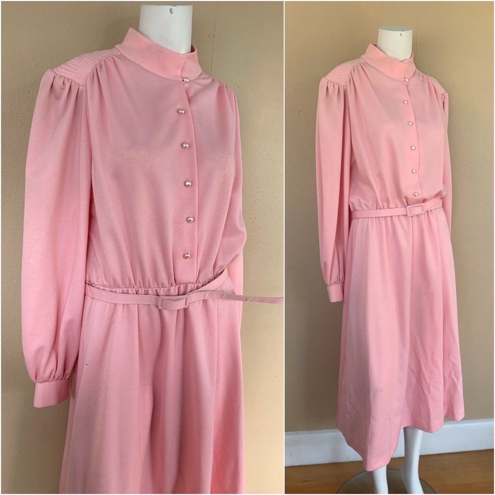 SALE! Vintage Soft Pink Long-Sleeve Button-Up Midi Dress with Belt